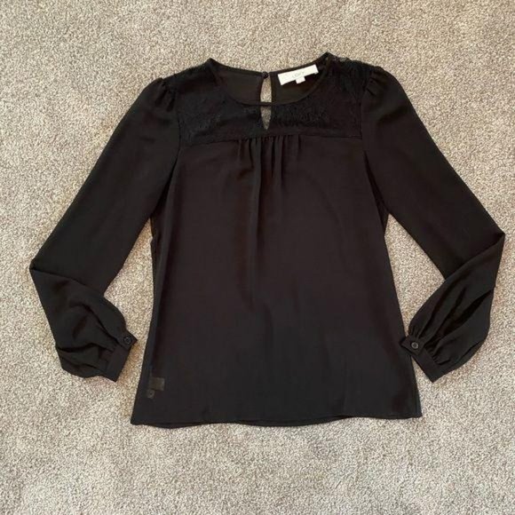 LOFT Black Long Sleeve Lace Yoke Long Sleeve Popover Blouse - Picture 4 of 9